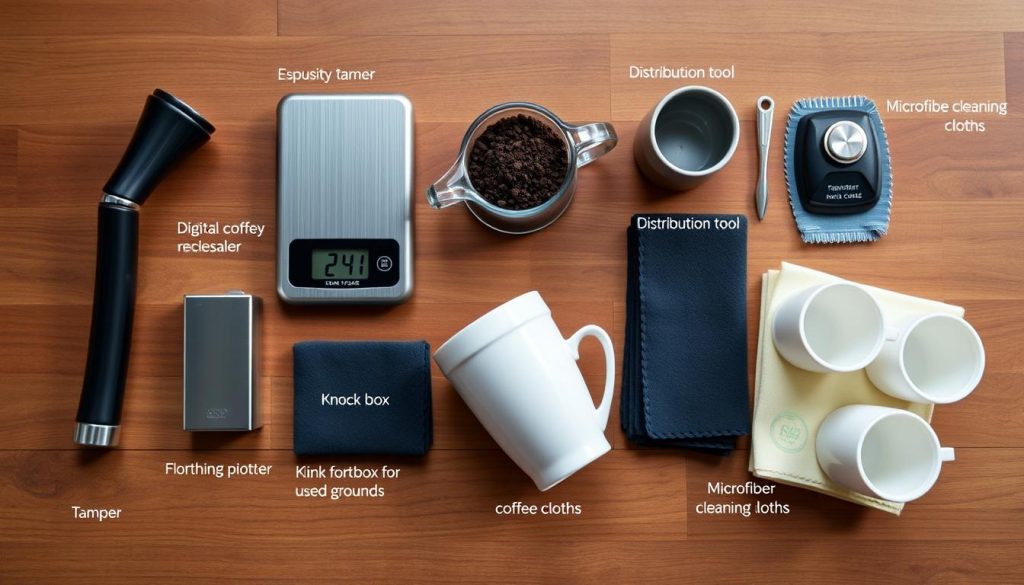 Collection of essential espresso accessories including tamper, scale, and milk pitcher Collection of essential espresso accessories including tamper, scale, and milk pitcher