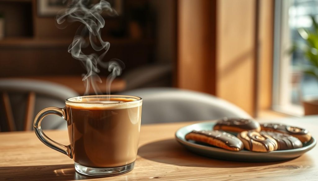 A cozy cafe setting, bathed in warm, soft lighting. In the foreground, a steaming mug of mocha coffee, its rich brown hue accented by swirls of frothy milk. The aroma of freshly ground beans and dark chocolate fills the air, inviting a sense of comfort and relaxation. In the middle ground, a plate of decadent chocolate-dipped biscotti, beckoning to be savored alongside the aromatic beverage. The background features a tranquil, minimalist interior, with wooden accents and a subtle hint of greenery, creating a calming, contemplative atmosphere. The overall scene evokes a feeling of contentment and well-being, reflecting the mood-boosting and wellness-enhancing properties of this delectable mocha coffee.