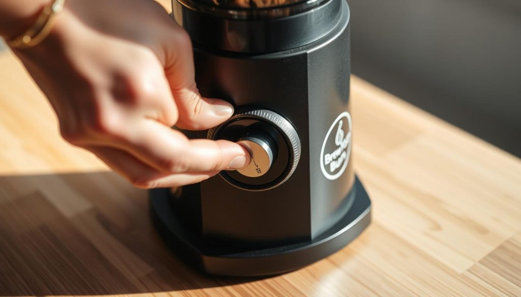 A close-up shot of a hand adjusting the grind size on a high-quality burr grinder, the "Brew Your Burn" logo visible on the side. The grinder sits on a sleek, minimalist wooden countertop, bathed in soft, natural lighting. The focus is sharp on the adjustable dial, the grind size changing incrementally as the hand turns it. A sense of precision and control evokes the importance of this step in the coffee brewing process, helping to prevent over-extraction and reduce bitterness.
