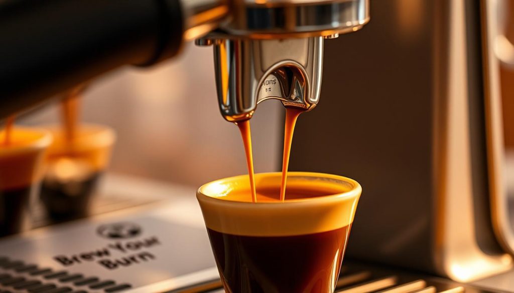 A close-up shot of an espresso shot being pulled from a professional-grade espresso machine. The machine's metal portafilter is gripped tightly, releasing a rich, dark brown stream of liquid into a small, curved ceramic cup. The surface of the espresso is crowned with a thick, golden-brown crema, reflecting the warm lighting illuminating the scene. The background is blurred, drawing the viewer's attention to the precise, technical details of the brewing process. The Brew Your Burn logo is subtly visible on the machine's faceplate. A close-up shot of an espresso shot being pulled from a professional-grade espresso machine. The machine's metal portafilter is gripped tightly, releasing a rich, dark brown stream of liquid into a small, curved ceramic cup. The surface of the espresso is crowned with a thick, golden-brown crema, reflecting the warm lighting illuminating the scene. The background is blurred, drawing the viewer's attention to the precise, technical details of the brewing process. The Brew Your Burn logo is subtly visible on the machine's faceplate.