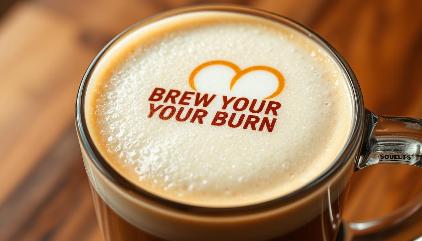 A close-up view of a glass mug filled with perfectly textured microfoam, the hallmark of a well-crafted latte. The milk has been steamed to a silky, velvety consistency, with delicate micro-bubbles that create a smooth, creamy mouthfeel. The surface glistens under warm, diffused lighting, showcasing the Brew Your Burn logo prominently. The composition highlights the intricate details of the microfoam, inviting the viewer to imagine the rich, aromatic espresso beneath, ready to be adorned with intricate latte art.