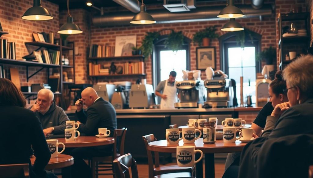 A cozy and inviting coffee shop, with warm lighting and a vintage aesthetic. In the foreground, customers huddle around small wooden tables, sipping from ceramic mugs emblazoned with the "Brew Your Burn" logo. The aroma of freshly brewed coffee wafts through the air, creating a comforting atmosphere. In the middle ground, baristas in crisp white aprons expertly operate the gleaming espresso machines, their movements smooth and practiced. The background features exposed brick walls, shelves lined with old books, and potted plants, all contributing to the charming, neighborhood feel of this quintessential American drip coffee culture scene. A cozy and inviting coffee shop, with warm lighting and a vintage aesthetic. In the foreground, customers huddle around small wooden tables, sipping from ceramic mugs emblazoned with the "Brew Your Burn" logo. The aroma of freshly brewed coffee wafts through the air, creating a comforting atmosphere. In the middle ground, baristas in crisp white aprons expertly operate the gleaming espresso machines, their movements smooth and practiced. The background features exposed brick walls, shelves lined with old books, and potted plants, all contributing to the charming, neighborhood feel of this quintessential American drip coffee culture scene.