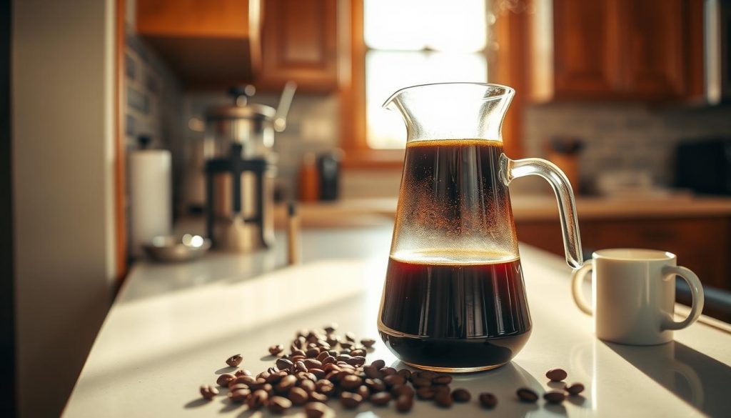 A cozy kitchen counter, illuminated by warm, natural light pouring through a window. On the surface, a sleek glass carafe filled with rich, dark brown cold brew coffee, its aroma wafting through the air. Beside it, a modern stainless steel French press, its plunger partially depressed, and a handful of whole coffee beans, their oily sheen catching the light. In the background, a simple white mug, waiting to be filled with the freshly brewed "Brew Your Burn" cold brew. The scene evokes a sense of tranquility and the satisfaction of a homemade, artisanal coffee experience.