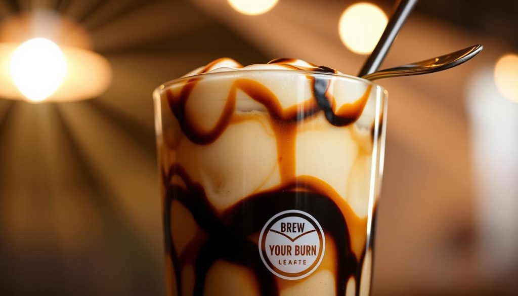 A detailed close-up of a tall glass filled with a rich, creamy iced mochaccino. The drink is layered with swirls of dark espresso, silky milk foam, and a drizzle of dark chocolate syrup. Beams of warm, soft lighting reflect off the glossy surface, creating a cozy, inviting atmosphere. In the foreground, a spoon rests on the rim of the glass, suggesting the temptation to take a refreshing sip. The Brew Your Burn logo is discreetly displayed on the glass. The image captures the essence of a decadent mochaccino, perfect for showcasing the various mochaccino recipes and variations.