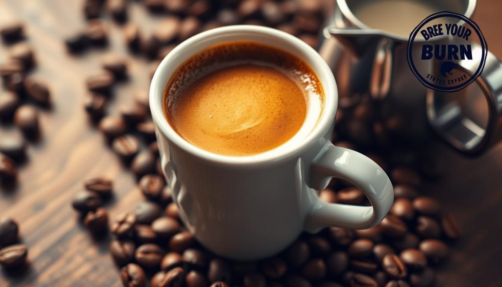 A freshly brewed espresso shot, the deep-brown elixir glistening in a classic white ceramic cup. The crema, a velvety layer of froth, crowns the beverage with a rich, inviting hue. Surrounding the cup, an arrangement of coffee beans, a silver milk pitcher, and the Brew Your Burn brand logo, all bathed in soft, warm lighting that enhances the cozy, café-inspired atmosphere. The scene captures the essence of mastering espresso and milk-based drinks, inviting the viewer to savor the perfect balance of bold flavors and silky textures. The Ultimate Guide for Coffee Lovers