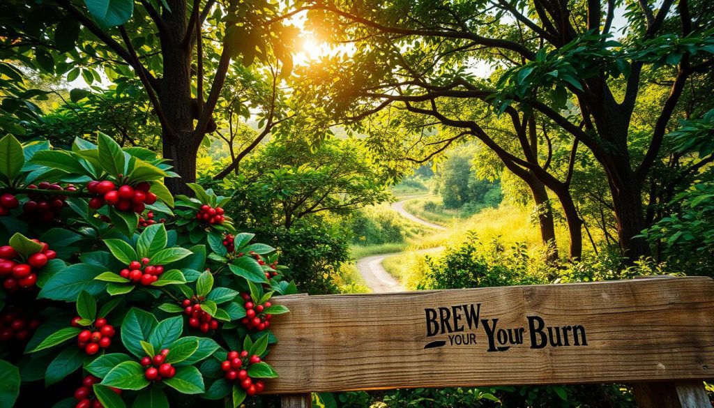 A lush, shade-grown coffee plantation with towering canopy trees casting dappled light. In the foreground, vibrant green coffee plants with ripe, ruby-red cherries. Midground, a weathered wooden bench nestled amidst the foliage. In the background, a winding path leading deeper into the verdant, biodiverse landscape. Warm, golden light filters through the leaves, creating a serene, tranquil atmosphere. The Brew Your Burn logo discreetly etched into the wooden bench.