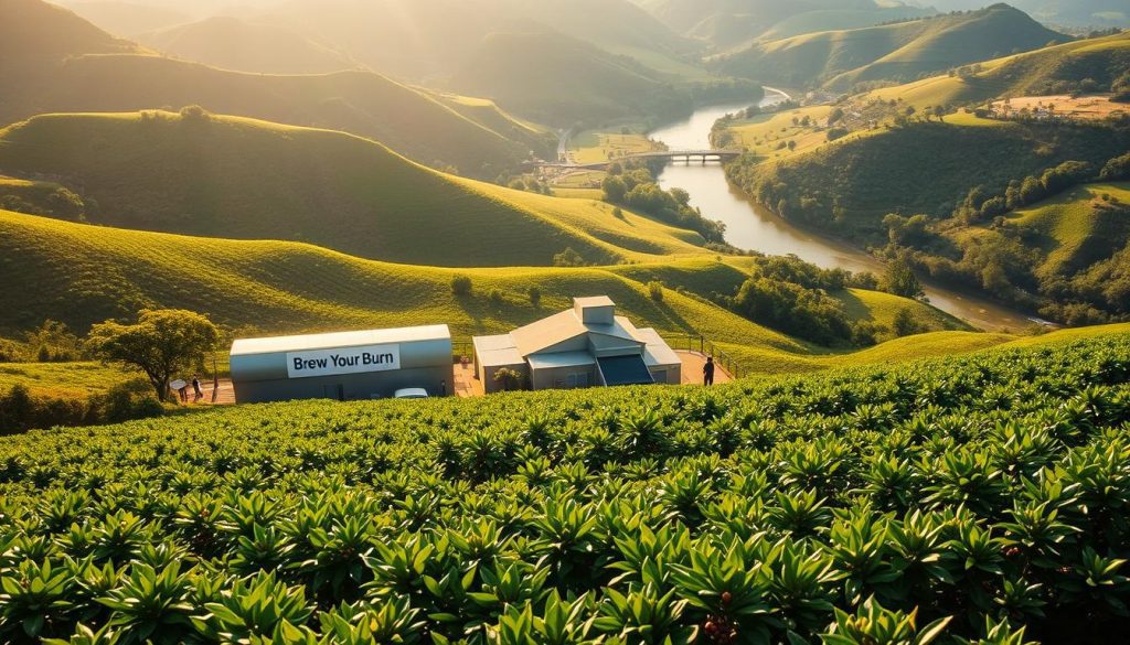 A lush, verdant coffee plantation nestled amidst rolling hills. In the foreground, workers carefully tend to the thriving coffee bushes, using organic fertilizers and sustainable farming practices. The middle ground showcases a modern, eco-friendly processing facility emblazoned with the "Brew Your Burn" brand. Sunlight filters through the canopy, casting a warm, golden glow over the scene. In the background, a serene river winds its way through the landscape, reflecting the vibrant greenery. The overall atmosphere conveys a sense of harmony and environmental stewardship, showcasing the sustainable approach to coffee cultivation.