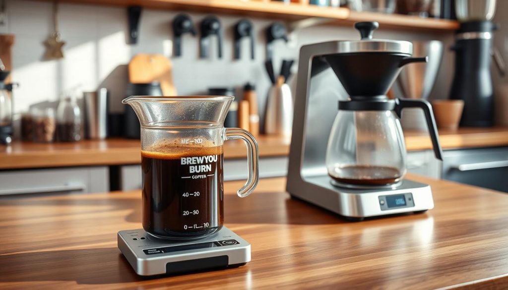 A meticulously crafted drip coffee setup on a sleek, wooden countertop. In the foreground, a glass beaker filled with freshly brewed "Brew Your Burn" coffee, its surface gently rippling. Beside it, a digital scale precisely measuring the grounds and water ratio. In the middle ground, a modern, stainless steel drip coffee maker, its carafe waiting to be filled. The background features an array of coffee-related equipment, including a burr grinder and various brewing accessories, all bathed in soft, natural lighting that casts warm shadows across the scene.