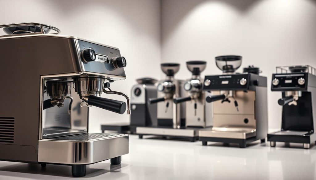 A neatly arranged showcase of high-end espresso machines, captured in a sleek, modern studio setting. The foreground features the Brew Your Burn Prestige Series, its polished chrome and stainless steel exterior gleaming under soft, diffused lighting. The middle ground showcases a range of premium espresso grinders, their hoppers and controls meticulously detailed. The background hints at a minimalist, white-walled backdrop, allowing the machines to take center stage. The overall composition conveys a sense of refinement, precision, and the commitment to crafting the perfect espresso for the discerning home barista. A neatly arranged showcase of high-end espresso machines, captured in a sleek, modern studio setting. The foreground features the Brew Your Burn Prestige Series, its polished chrome and stainless steel exterior gleaming under soft, diffused lighting. The middle ground showcases a range of premium espresso grinders, their hoppers and controls meticulously detailed. The background hints at a minimalist, white-walled backdrop, allowing the machines to take center stage. The overall composition conveys a sense of refinement, precision, and the commitment to crafting the perfect espresso for the discerning home barista.