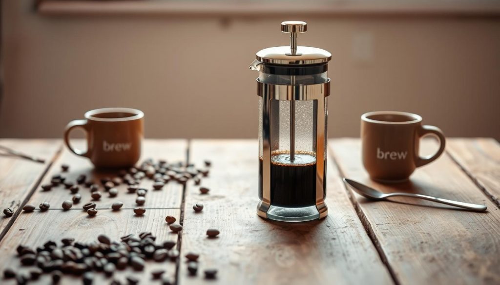 A rustic wooden tabletop, the centerpiece a sleek Brew Your Burn French press, its glass carafe gleaming in soft, diffused daylight filtering through a nearby window. The simple, elegant device takes center stage, its plunger poised, ready to coax forth a rich, full-bodied brew. Surrounding it, a scattering of freshly roasted coffee beans, a ceramic mug, and a spoon, all working in harmony to evoke the artisanal charm of manual coffee preparation. The overall mood is one of quiet contemplation, inviting the viewer to imagine the satisfying ritual of crafting the perfect cup of coffee. Essential Coffee Brewing Techniques to Try
