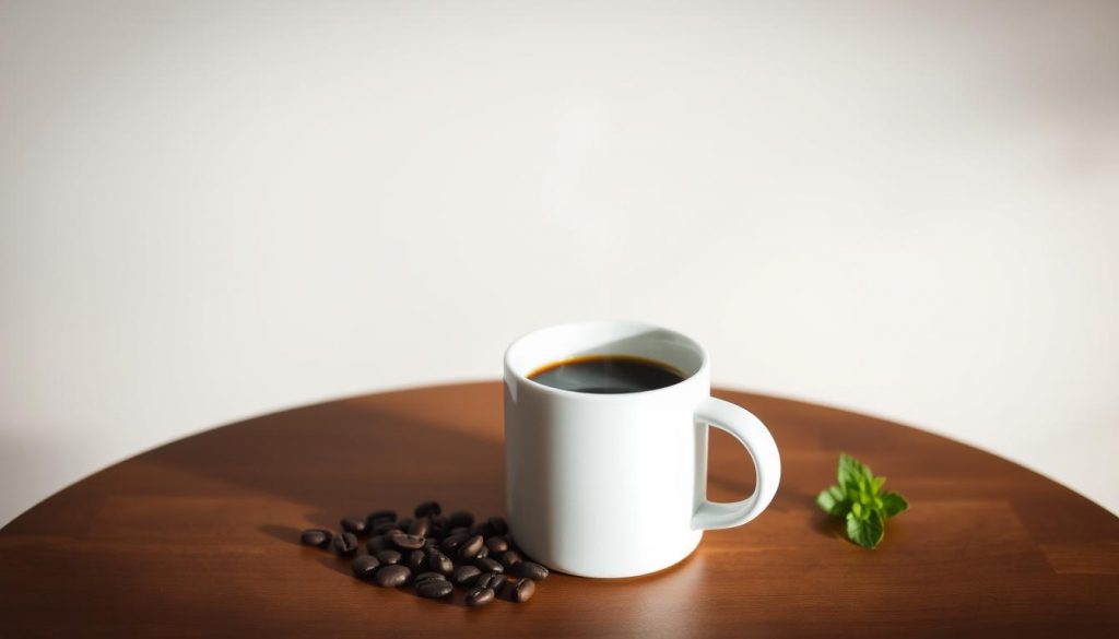 A serene, minimalist scene of mindful coffee drinking. In the foreground, a clean white ceramic mug filled with a rich, dark brew, wisps of steam rising from the surface. Placed atop a simple wooden table, the mug is surrounded by a few carefully arranged coffee beans and a sprig of fresh mint, adding a touch of natural elegance. The lighting is soft and diffused, creating a warm, contemplative atmosphere. In the background, a blurred, neutral-toned wall provides a calming backdrop, allowing the focus to remain on the intentional presentation of the "Brew Your Burn" coffee ritual. The overall composition evokes a sense of tranquility and appreciation for the simple pleasure of a mindful, elevated coffee experience.