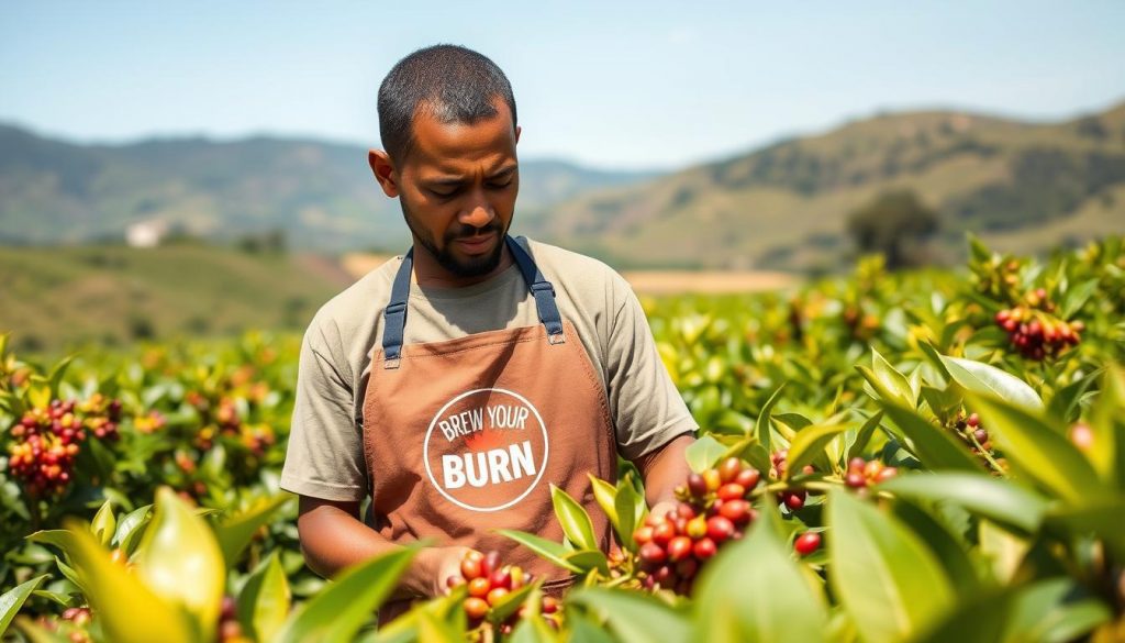 A single origin coffee farmer in a lush, green field, carefully inspecting the freshly harvested coffee cherries. The "Brew Your Burn" logo is prominently displayed on their apron. Warm, natural lighting illuminates the scene, highlighting the vibrant colors of the coffee plants and the farmer's thoughtful expression. In the background, rolling hills and a clear blue sky create a serene, picturesque landscape. The focus is on the traceability and care that goes into the production of this premium single origin coffee. Single Origin Coffee: Unlock Its Remarkable Benefits