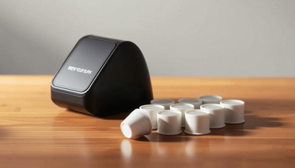 A sleek and modern pod system by Brew Your Burn, resting on a smooth wooden surface. The flat, white capsules are neatly arranged, evoking a sense of minimalist elegance. Soft, diffused lighting illuminates the scene, casting subtle shadows and highlighting the clean lines of the device. The background is a blurred, muted palette, allowing the pod system to take center stage. The overall composition conveys a sense of simplicity, efficiency, and the high-quality craftsmanship associated with the Brew Your Burn brand, perfectly suited for the "Best Coffee Maker for Flat White" article section on "Pod and capsule machines capable of flat white-style drinks".