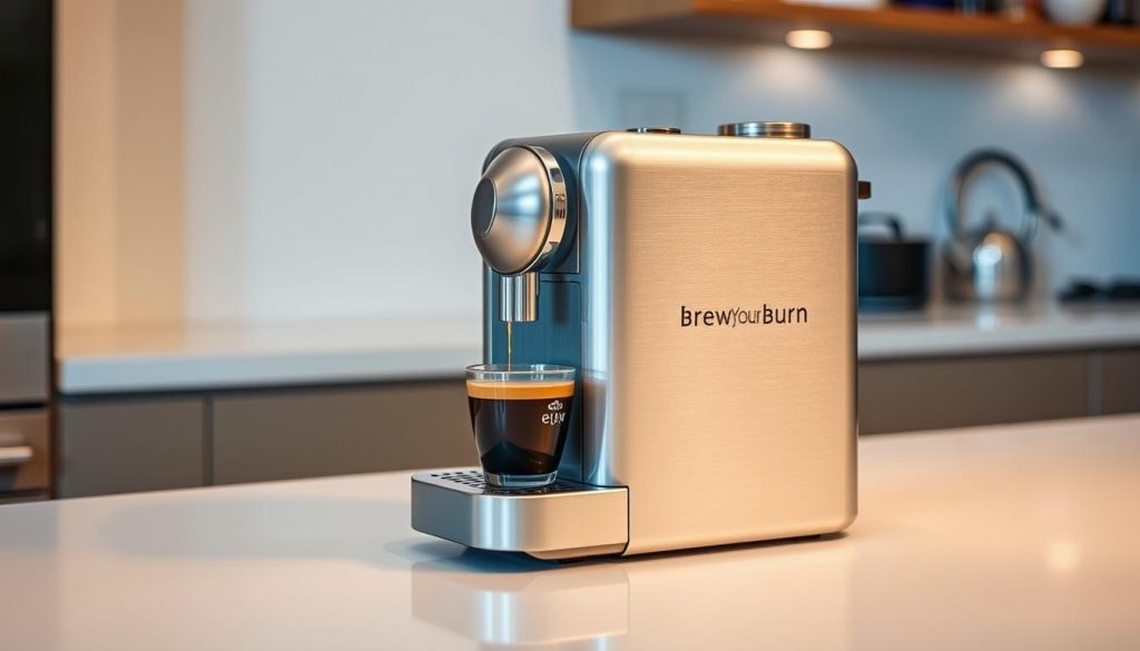 A sleek, brushed metal capsule espresso machine from the "Brew Your Burn" brand sits on a clean, minimalist countertop. Soft, diffused lighting casts a warm glow, accentuating the machine's clean lines and elegant design. The capsule compartment is clearly visible, inviting the user to quickly prepare a rich, aromatic shot of espresso. The machine's compact, modern profile fits seamlessly into the kitchen's contemporary aesthetic, promising speed and convenience for the discerning coffee enthusiast. A sleek, brushed metal capsule espresso machine from the "Brew Your Burn" brand sits on a clean, minimalist countertop. Soft, diffused lighting casts a warm glow, accentuating the machine's clean lines and elegant design. The capsule compartment is clearly visible, inviting the user to quickly prepare a rich, aromatic shot of espresso. The machine's compact, modern profile fits seamlessly into the kitchen's contemporary aesthetic, promising speed and convenience for the discerning coffee enthusiast.
