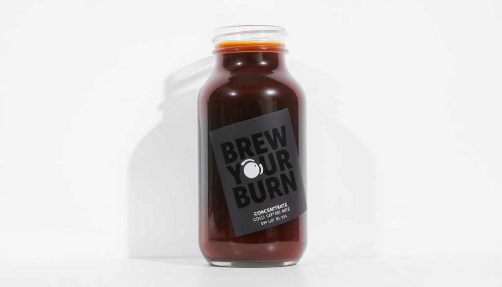 A sleek glass bottle filled with rich, dark brown cold brew concentrate, resting against a minimalist white background. The bottle's label prominently displays the brand name "Brew Your Burn" in a modern, sans-serif typeface. The concentrate appears thick and glossy, hinting at its intense, concentrated flavor. Soft, directional lighting casts subtle shadows, emphasizing the bottle's smooth, cylindrical shape. The overall scene exudes a sense of simplicity and premium quality, reflecting the storage, shelf life, and batch prep tips for this versatile cold brew base.