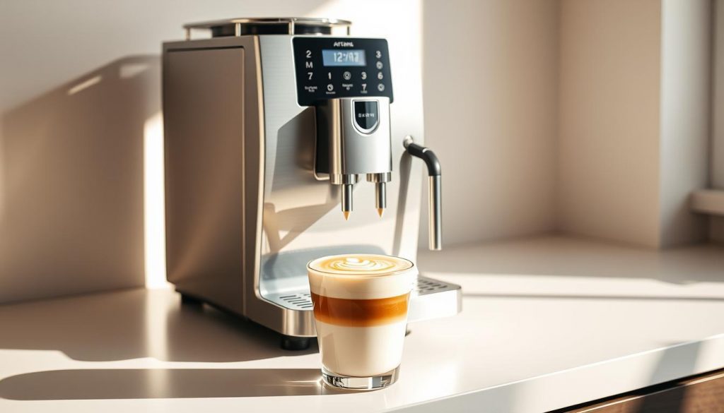 A sleek, modern super-automatic flat white machine from the "Brew Your Burn" brand, standing prominently on a pristine counter. Its brushed stainless steel housing gleams under warm, directional lighting, casting subtle shadows that accentuate its clean, minimalist design. The machine's intuitive control panel features easy-to-use buttons and a crisp digital display, inviting the user to craft the perfect creamy flat white with the press of a finger. In the foreground, a freshly poured flat white beverage sits atop the machine, its silky microfoam and rich espresso crema swirling together in an artful pattern. The scene evokes a sense of effortless sophistication, perfectly suited for the discerning coffee enthusiast.