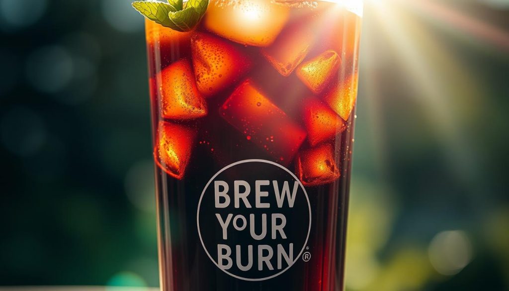 A sparkling glass of cold brew coffee, the "Brew Your Burn" logo emblazoned on the side. Sunlight streams through the glass, casting a warm glow on the rich, dark liquid. Delicate bubbles rise to the surface, creating a mesmerizing effervescence. Ice cubes clink against the sides, adding a refreshing coolness. A sprig of fresh mint adds a vibrant pop of green, complementing the coffee's deep, earthy tones. The scene is set against a blurred, bokeh-filled background, evoking a sense of summer bliss and relaxation.