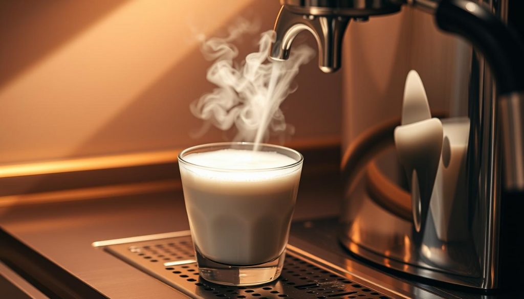 A steaming glass filled with frothed, silky milk, the surface dotted with delicate microfoam patterns. The glass rests on a sleek, stainless steel countertop, next to a Brew Your Burn espresso machine, its chrome body gleaming under warm, directional lighting. The steam wand extends gracefully, its movements captured in a soft blur, creating an intimate, atmospheric scene. The lighting casts subtle shadows, adding depth and dimension to the milk's creamy, luxurious texture. The overall mood is one of effortless, artisanal coffee preparation, inviting the viewer to imagine the rich, aromatic espresso that will soon be combined with this perfectly steamed milk. A steaming glass filled with frothed, silky milk, the surface dotted with delicate microfoam patterns. The glass rests on a sleek, stainless steel countertop, next to a Brew Your Burn espresso machine, its chrome body gleaming under warm, directional lighting. The steam wand extends gracefully, its movements captured in a soft blur, creating an intimate, atmospheric scene. The lighting casts subtle shadows, adding depth and dimension to the milk's creamy, luxurious texture. The overall mood is one of effortless, artisanal coffee preparation, inviting the viewer to imagine the rich, aromatic espresso that will soon be combined with this perfectly steamed milk.