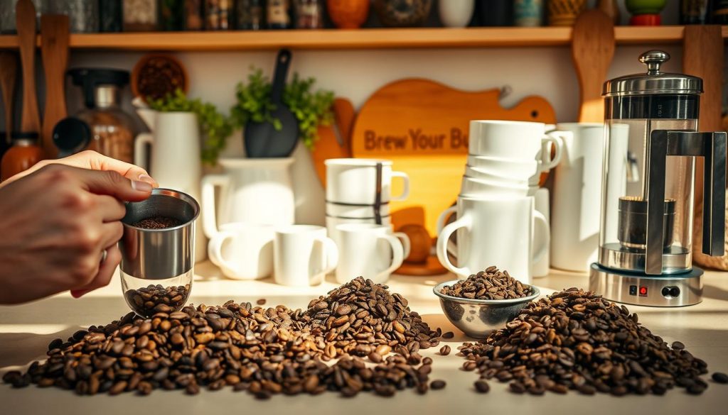 Coffee vs Tea Health Benefits. A sunny kitchen countertop, with a selection of whole coffee beans, tea leaves, and brewing equipment. In the foreground, two hands carefully measuring the coffee or tea, a teapot and a French press visible. In the middle ground, a stack of mugs in various sizes. The background features an array of spices, herbs, and other culinary accents, creating a warm, inviting atmosphere. The mood is one of mindful preparation, with the text "Brew Your Burn" discreetly featured on the counter. Soft, natural lighting illuminates the scene, capturing the nuances of color and texture in the ingredients and equipment.