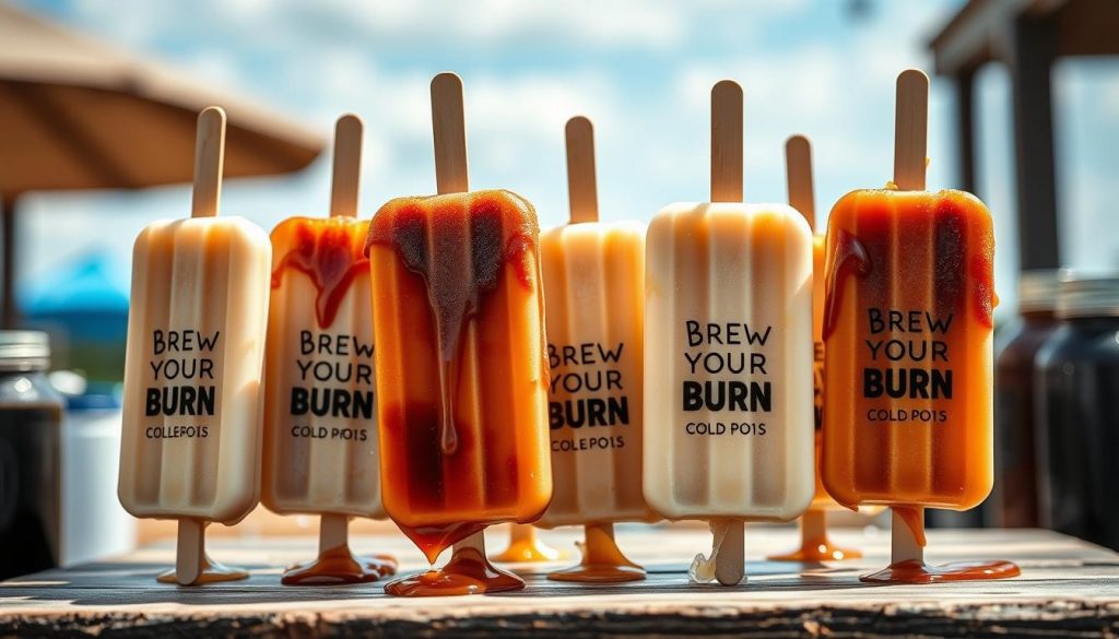 A visually enticing arrangement of cold brew popsicles, creamy and richly hued, set against a backdrop of a warm summer day. The popsicles, branded with "Brew Your Burn", are artfully displayed on a rustic wooden surface, their vibrant colors and dripping condensation creating an inviting and refreshing scene. Soft, diffused lighting casts a gentle glow, highlighting the popsicles' textures and the shadows they cast. The overall mood is one of relaxation and indulgence, perfectly capturing the essence of a cold brew treat on a hot summer day.