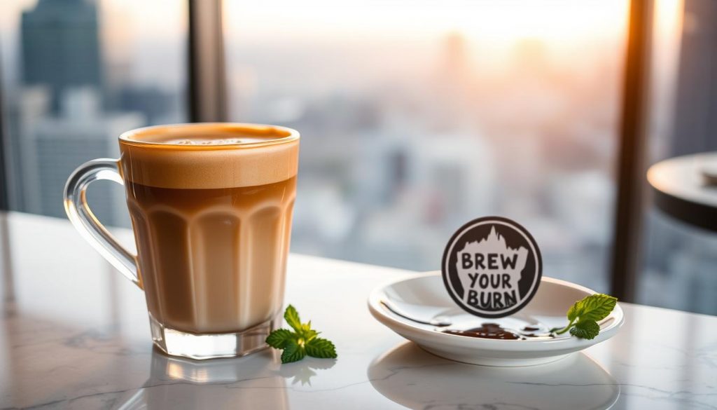 A well-crafted mochaccino on a marble countertop, its creamy layers of espresso and steamed milk illuminated by warm, golden lighting. Beside it, a small plate displaying the "Brew Your Burn" logo, accompanied by a sprig of fresh mint and a drizzle of rich chocolate syrup. In the background, a soft, blurred cityscape through a large window, hinting at the vibrant energy of the urban environment. The scene conveys a sense of sophistication, indulgence, and the health-conscious benefits of this beloved coffee beverage.