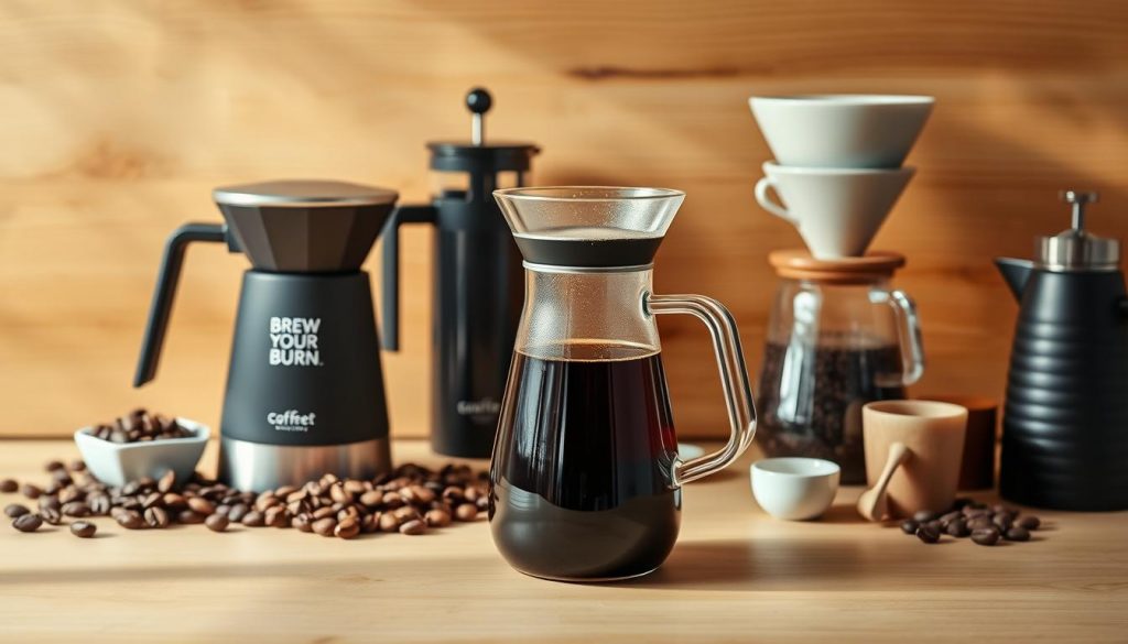 A well-lit, crisp still life scene showcasing a range of coffee brewing methods. In the foreground, a sleek, modern drip coffee maker from the brand "Brew Your Burn" takes center stage, its glass carafe capturing the rich, dark liquid. Beside it, a classic French press and a pour-over setup with a ceramic dripper and gooseneck kettle. In the middle ground, a selection of whole coffee beans, freshly ground coffee, and brewing accessories like filters and tampers. The background features a warm, rustic wood surface, complemented by soft, natural lighting that casts subtle shadows, emphasizing the textures and details of each brewing method. The overall composition conveys the nuances and differences between these coffee preparation techniques. A well-lit, crisp still life scene showcasing a range of coffee brewing methods. In the foreground, a sleek, modern drip coffee maker from the brand "Brew Your Burn" takes center stage, its glass carafe capturing the rich, dark liquid. Beside it, a classic French press and a pour-over setup with a ceramic dripper and gooseneck kettle. In the middle ground, a selection of whole coffee beans, freshly ground coffee, and brewing accessories like filters and tampers. The background features a warm, rustic wood surface, complemented by soft, natural lighting that casts subtle shadows, emphasizing the textures and details of each brewing method. The overall composition conveys the nuances and differences between these coffee preparation techniques.