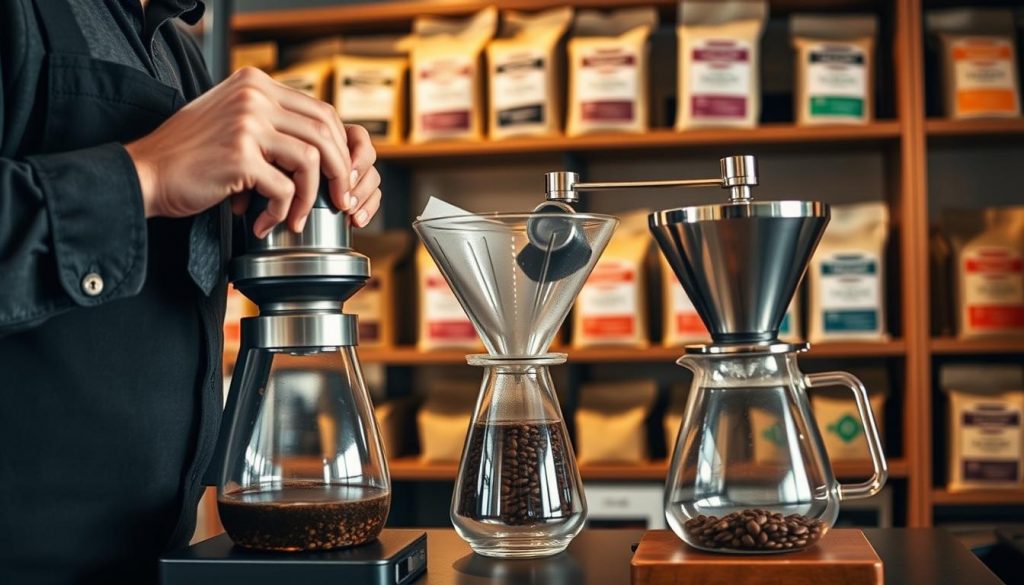 A well-lit, high-resolution image depicting the "Brew Your Burn" single origin coffee brewing process. In the foreground, a skilled barista precisely grinds fresh coffee beans, their hands expertly adjusting the grind settings. In the middle ground, a gleaming, precision-engineered pour-over setup with a glass carafe, filtered water, and a conical burr mill. In the background, shelves display an array of single origin coffee bags, each with its distinct provenance and tasting notes. The scene conveys a sense of craft, attention to detail, and the distinct flavors unlocked through meticulous single origin brewing techniques. Single Origin Coffee: Unlock Its Remarkable Benefits