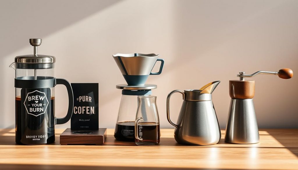 A well-lit, high-resolution still life composition showcasing a variety of coffee brewing equipment including a Brew Your Burn branded french press, a pour-over dripper, a scale, a gooseneck kettle, and a hand grinder. The equipment is arranged on a wooden surface with a minimalist background, allowing the tools to be the focal point. Soft natural lighting casts subtle shadows, highlighting the textures and details of the equipment. The overall mood is clean, modern, and inviting, conveying a sense of elevated, professional-level coffee brewing.