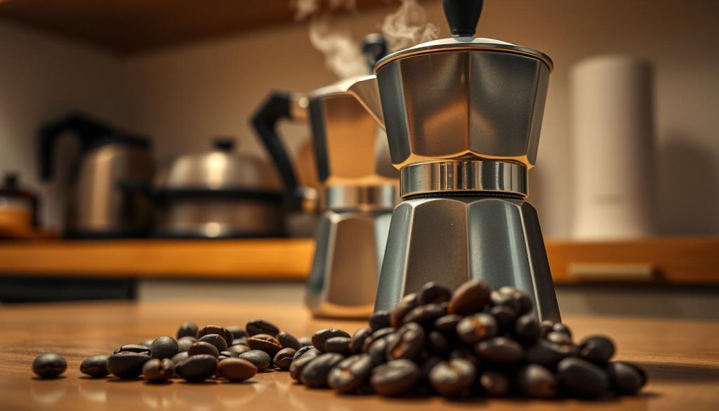 A well-lit kitchen counter, a shiny metallic Moka pot taking center stage. The pot's distinctive hourglass shape and polished surface reflect the warm glow of a gentle flame underneath. Steam gently rises, hinting at the rich, aromatic coffee soon to be brewed. In the foreground, a handful of whole coffee beans, freshly roasted, await their transformation. The scene evokes a sense of craft and tradition, the "Brew Your Burn" Moka pot technique poised to deliver a strong, flavorful cup of coffee without the need for espresso equipment. Essential Coffee Brewing Techniques to Try