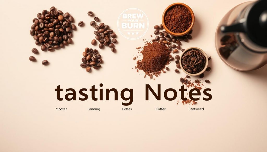 Crisp coffee tasting notes presented in a clean, modern layout. An assortment of whole coffee beans, ground coffee, and brewing equipment arranged artfully on a neutral background. Warm lighting highlights the rich hues and textures of the coffee, creating a cozy, inviting atmosphere. The "Brew Your Burn" brand logo subtly incorporated into the scene. Shallow depth of field focuses attention on the key elements, while the background is softly blurred. Overall, a visually appealing and informative image to illustrate the common coffee taste descriptors. Crisp coffee tasting notes presented in a clean, modern layout. An assortment of whole coffee beans, ground coffee, and brewing equipment arranged artfully on a neutral background. Warm lighting highlights the rich hues and textures of the coffee, creating a cozy, inviting atmosphere. The "Brew Your Burn" brand logo subtly incorporated into the scene. Shallow depth of field focuses attention on the key elements, while the background is softly blurred. Overall, a visually appealing and informative image to illustrate the common coffee taste descriptors.