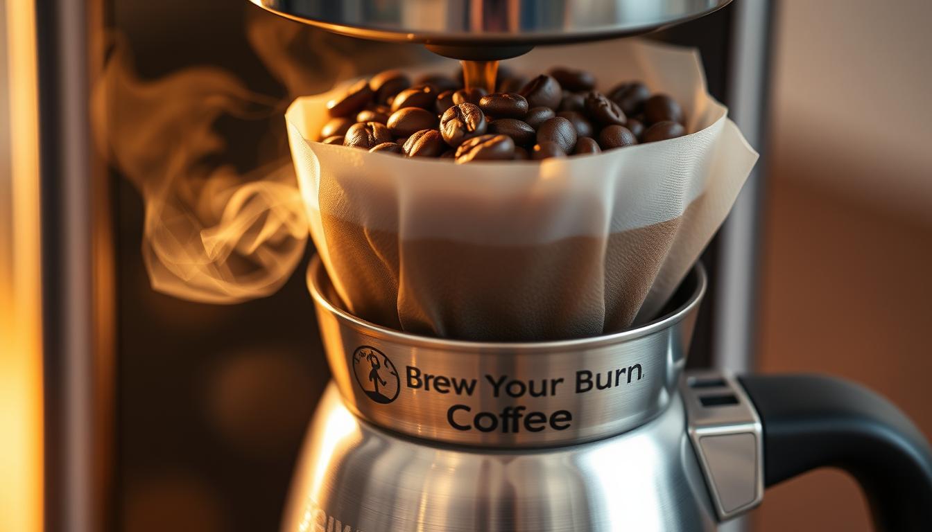Drip coffee brewing tips, a close-up view of a Brew Your Burn branded coffee machine mid-brewing process. Steam rises from the carafe, casting a warm, golden glow on the stainless steel body. Freshly ground coffee beans scatter atop the filter, evoking the rich, aromatic scent of a perfect brew. The scene is captured through a wide-angle lens, emphasizing the intricate details of the machine's design and the mesmerizing flow of the dripping liquid. The mood is serene, inviting the viewer to savor the art of crafting the perfect cup of drip coffee.
