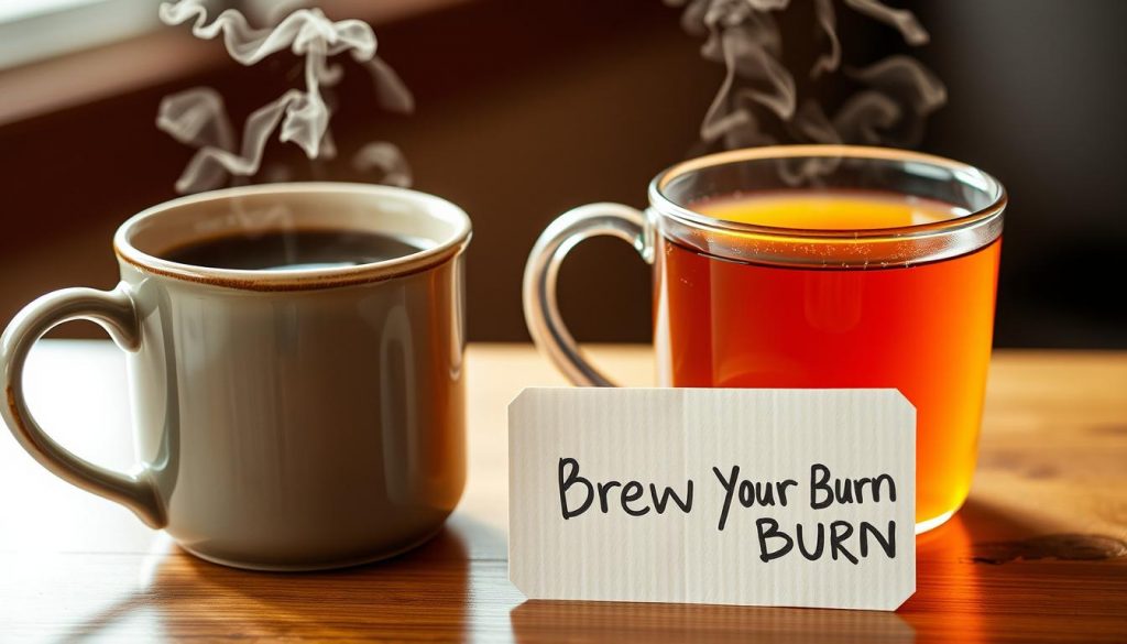 Metabolic health coffee vs tea: a close-up comparison shot of two steaming mugs on a wooden table, one filled with rich, dark coffee, the other with fragrant, amber-colored tea. The lighting is soft and warm, highlighting the intricate details of the ceramic mugs and the subtle differences in the liquid's hue and texture. In the foreground, a simple, handwritten "Brew Your Burn" label adds a touch of authenticity. The background is slightly blurred, drawing the viewer's focus to the two beverages, representing the potential metabolic health, weight management, and diabetes risk implications of this classic caffeine-fueled choice. Coffee vs Tea Health Benefits