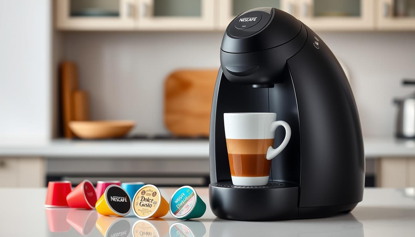 NESCAFÉ Dolce Gusto coffee machine with capsules displayed beside it