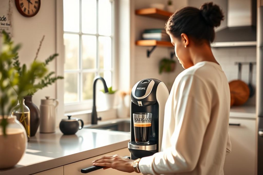 NESCAFÉ Dolce Gusto machine being used in a modern kitchen setting NESCAFÉ Dolce Gusto machine being used in a modern kitchen setting