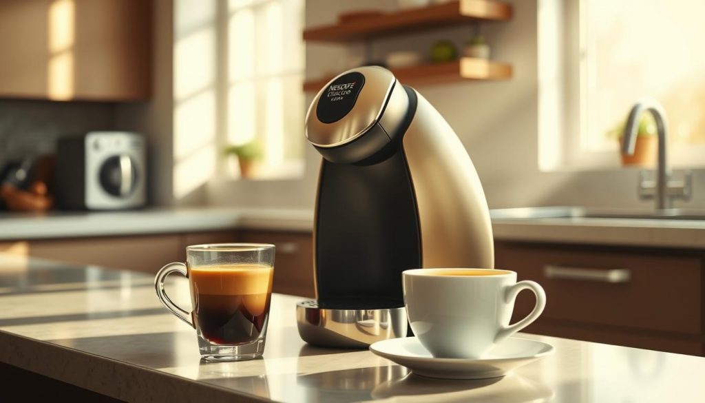 NESCAFÉ Dolce Gusto machine with freshly brewed coffee in a stylish setting NESCAFÉ Dolce Gusto machine with freshly brewed coffee in a stylish setting