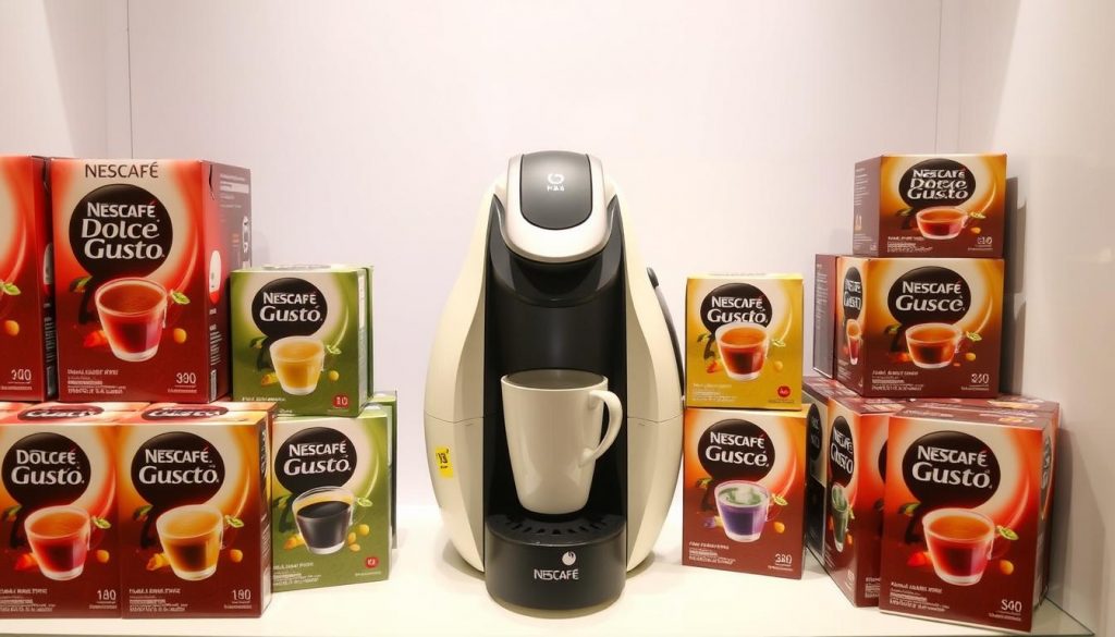 NESCAFÉ Dolce Gusto machine with various capsule options displayed NESCAFÉ Dolce Gusto machine with various capsule options displayed