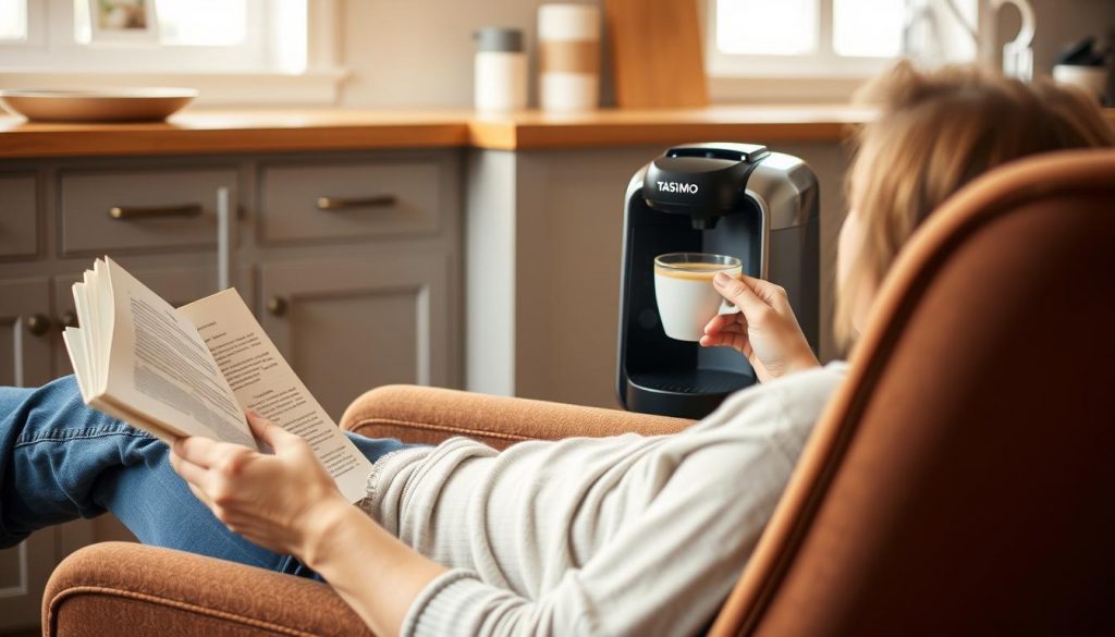 Person enjoying coffee made with Tassimo Coffee Machine while reading Person enjoying coffee made with Tassimo Coffee Machine while reading