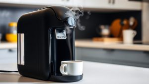 Tassimo Coffee Machine brewing a cup of coffee with steam rising