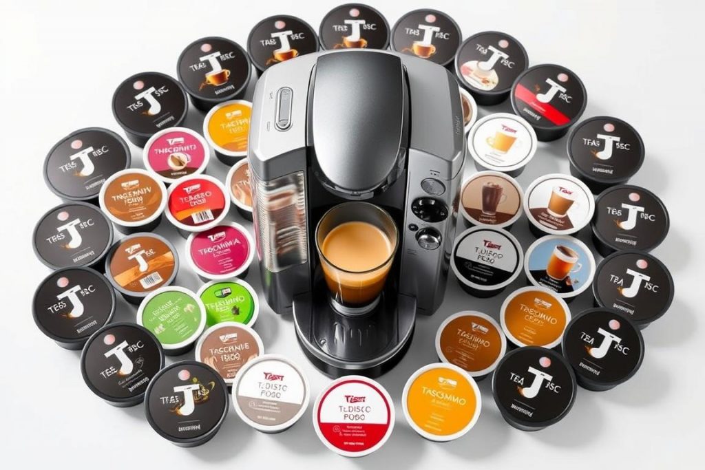 Tassimo Coffee Machine with various T DISC pods displayed around it Tassimo Coffee Machine with various T DISC pods displayed around it