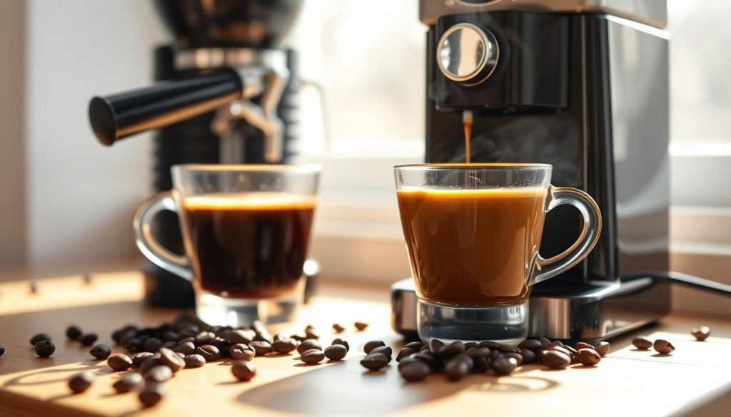 Moccomaster next to a cup of freshly brewed coffee